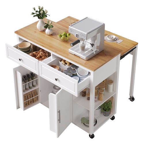 Îlot De Cuisine Mobile 120x50x92 / 120x81,5x92 Cm Blanc, 7 Roulettes, Tiroirs Modulables