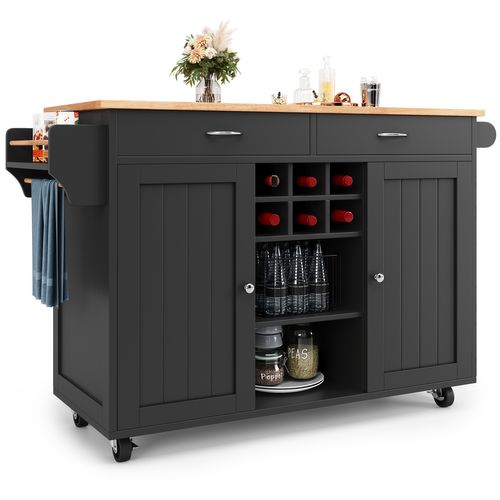 Îlot De Cuisine Multifonction 102x45x92 Cm Noir En Mdf Et Métal, Roulettes 360° Et Rangement