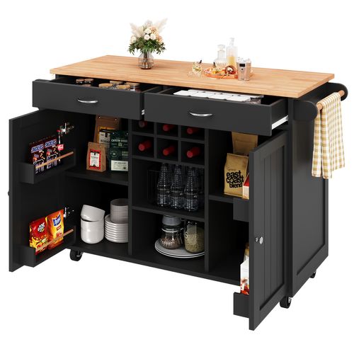 Îlot De Cuisine Multifonction 102x45x92 Cm Noir En Mdf Et Métal, Roulettes 360° Et Rangement
