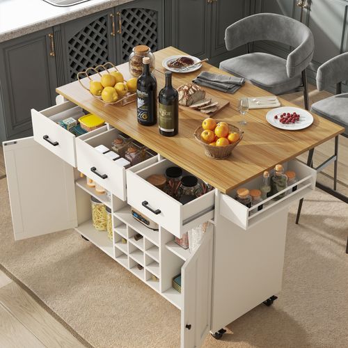 Desserte De Cuisine 104x39,5x91,5 Cm En Mdf Blanc — Plateau Rabattable 65 Cm, Rangements Multiples