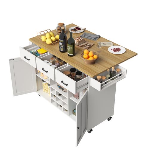 Desserte De Cuisine 104x39,5x91,5 Cm En Mdf Blanc — Plateau Rabattable 65 Cm, Rangements Multiples
