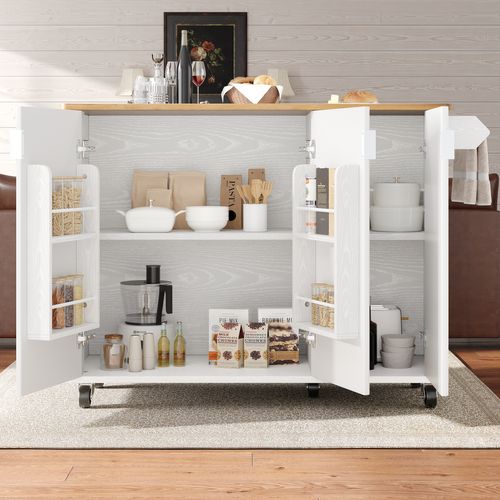 Îlot Cuisine 130x45(75)x92 Cm Mdf Blanc, Plateau Pliant, 5 Roulettes 360° Dont 2 Freinées