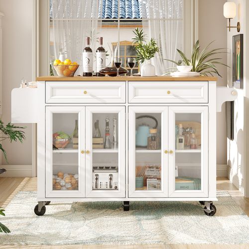 Îlot Mobile 140x72,5x90 Cm Blanc En Mdf Avec Portes Vitrées, Plateau Extensible Et 5 Roulettes