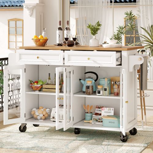 Îlot Mobile 140x72,5x90 Cm Blanc En Mdf Avec Portes Vitrées, Plateau Extensible Et 5 Roulettes