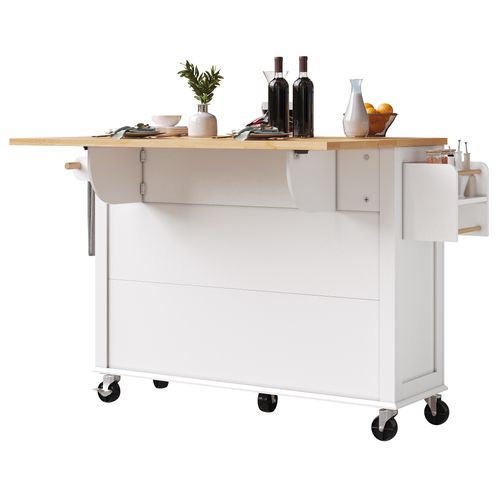 Îlot Mobile 140x72,5x90 Cm Blanc En Mdf Avec Portes Vitrées, Plateau Extensible Et 5 Roulettes