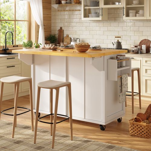 Desserte Mobile 140x73x93,5 Cm En Mdf Blanc — Îlot Modulable à 2 Modes Avec Freins