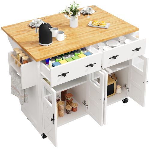 Desserte Mobile 140x73x93,5 Cm En Mdf Blanc — Îlot Modulable à 2 Modes Avec Freins