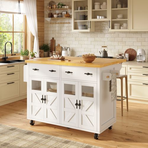 Desserte Mobile 140x73x93,5 Cm En Mdf Blanc — Îlot Modulable à 2 Modes Avec Freins