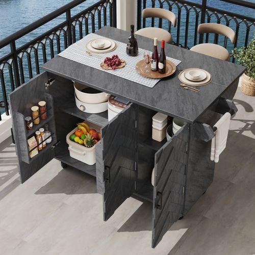 Îlot De Cuisine Pliant 118x75x92 Cm En Mdf Gris, 3 Portes, Table Rabattable Et Roulettes 360°