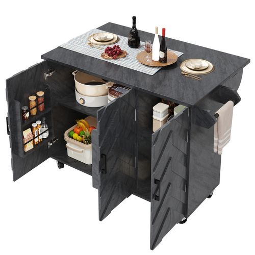 Îlot De Cuisine Pliant 118x75x92 Cm En Mdf Gris, 3 Portes, Table Rabattable Et Roulettes 360°