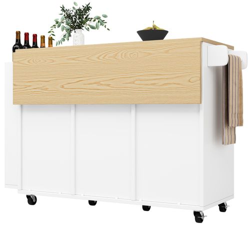 Îlot De Cuisine 110x42x90 Cm Blanc En Mdf, Table Rabattable + Rangement Pratique Sur Roulettes