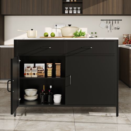 Desserte 100x90x90 Cm Noire En Mdf, Plateau Imitation Marbre, 2 Tiroirs Et Pieds Métal