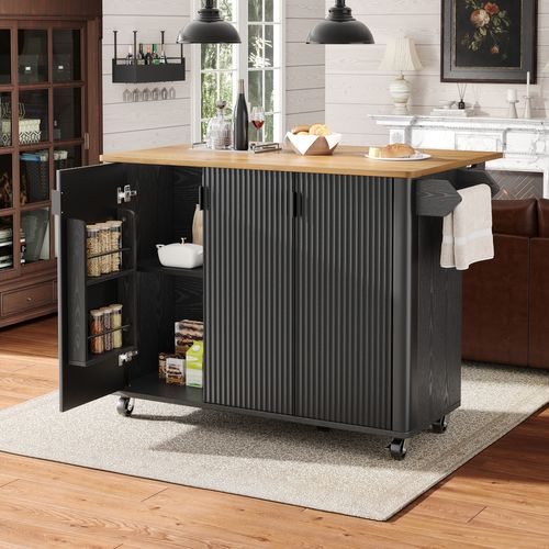 Îlot De Cuisine 130x45(75)x92 Cm Noir En Mdf — Plateau Rabattable, 3 Portes, Roulettes