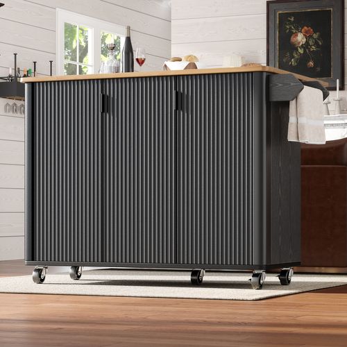 Îlot De Cuisine 130x45(75)x92 Cm Noir En Mdf — Plateau Rabattable, 3 Portes, Roulettes