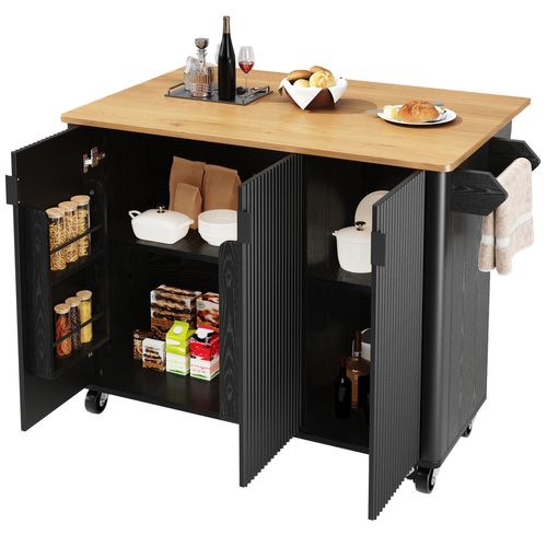 Îlot De Cuisine 130x45(75)x92 Cm Noir En Mdf — Plateau Rabattable, 3 Portes, Roulettes