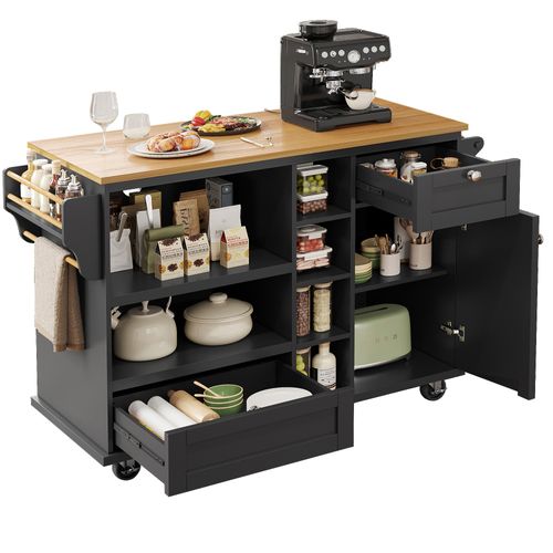 Desserte De Cuisine Mobile 129x46x96 Cm Mdf Noir, Plan De Travail Chêne Clair, Design Moderne