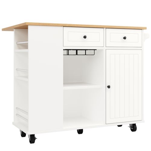 Îlot De Cuisine 120x76/42x91,5 Cm Blanc, Plan Effet Bois, Mdf+métal, Roulettes 360°