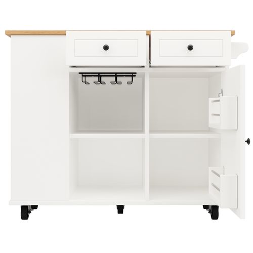 Îlot De Cuisine 120x76/42x91,5 Cm Blanc, Plan Effet Bois, Mdf+métal, Roulettes 360°