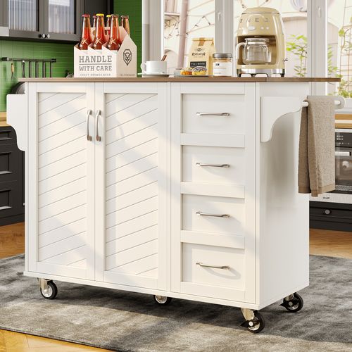 Desserte De Cuisine 107x40x93 Cm Blanche, Plan Rabattable 71 Cm, Roulettes Et Rangement Modulable