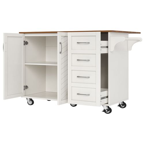 Desserte De Cuisine 107x40x93 Cm Blanche, Plan Rabattable 71 Cm, Roulettes Et Rangement Modulable