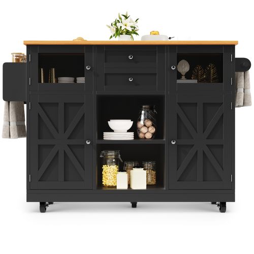 Îlot De Cuisine 140x70x93,5 Cm Mdf Noir, Plateau Bois, Rallonges Pliantes, Roulettes 360°