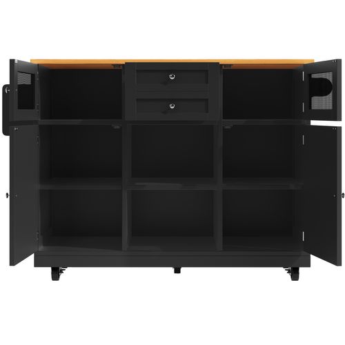 Îlot De Cuisine 140x70x93,5 Cm Mdf Noir, Plateau Bois, Rallonges Pliantes, Roulettes 360°