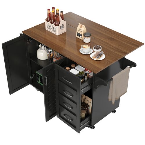 Desserte De Cuisine 107x40x93 Cm Noire, Plateau Rabattable 71 Cm Et Rangements Modulables