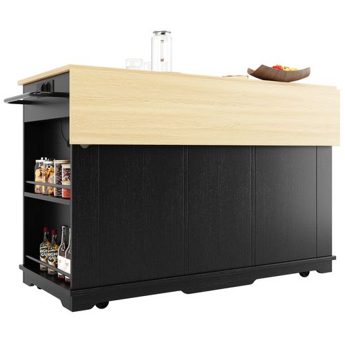Îlot De Cuisine 151,5x59,7/84,7x91,7 Cm Noir Et Naturel, Plan Pliant Et Prises Intégrées