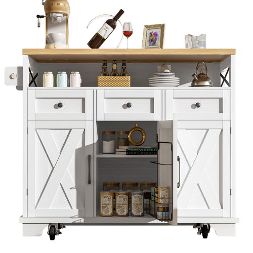 Îlot De Cuisine 118 X 43-70 X 98 Cm En Mdf Blanc, Plateau Imitation Bois, Chariot Multifonction