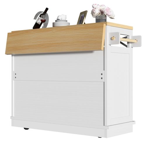 Îlot De Cuisine 118 X 43-70 X 98 Cm En Mdf Blanc, Plateau Imitation Bois, Chariot Multifonction