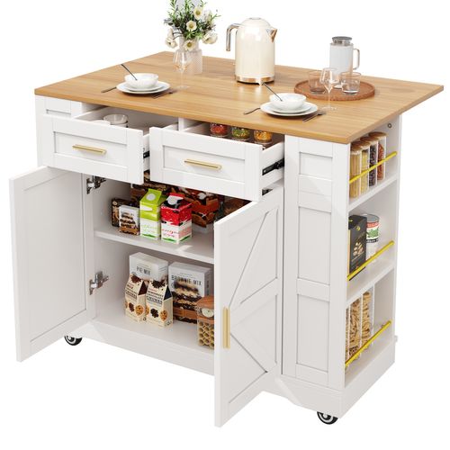 Îlot De Cuisine 120x40x90 Cm En Mdf Blanc, Plateau Pliable, Tiroirs Et Étagères Scandinaves