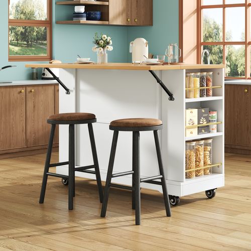 Îlot De Cuisine 120x40x90 Cm En Mdf Blanc, Plateau Pliable, Tiroirs Et Étagères Scandinaves