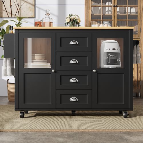 Îlot De Cuisine 137,9x73x92,5 Cm Noir En Mdf Et Métal, Plateau Rabattable Et Roulettes