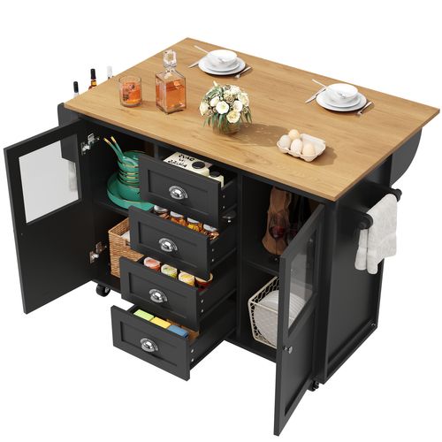 Îlot De Cuisine 137,9x73x92,5 Cm Noir En Mdf Et Métal, Plateau Rabattable Et Roulettes