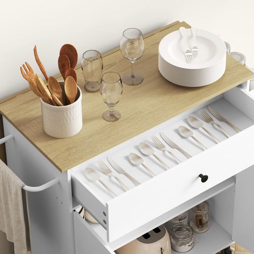 Îlot De Cuisine Mobile 106x42x87 Cm En Mdf Blanc, Plan Rabattable 80x68 Cm, Tiroir Et Armoire