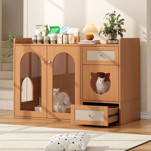 Meuble Pour Chat 120 X 45 X 76 Cm Aspect Noyer – Armoire 5-en-1 Avec Litière Dissimulée Et Rangement