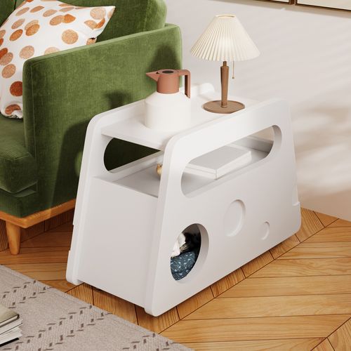 Table D'appoint Blanche 81x33x51,5 Cm Sur Roulettes, Bords Arrondis Et Ouvertures, Mdf/pb