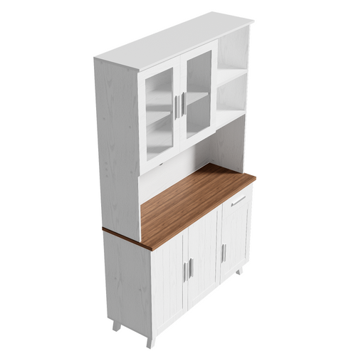 Bahut Haut 114x40x190 Cm, Grain De Bois Blanc Et Plateau Brun, 2 Portes Vitrées, Look Rustique