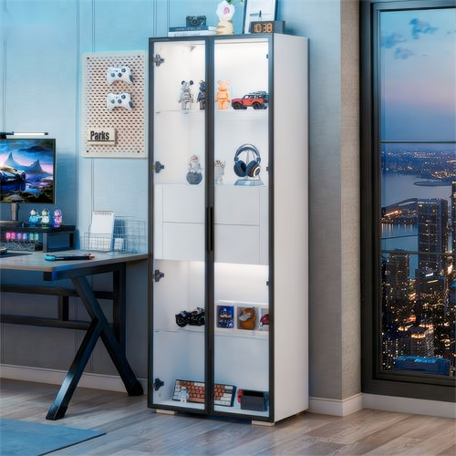 Vitrine 60x40x160 Cm Blanche Et Noire En Mdf Avec Porte Verre Trempé, Étagères Réglables Et LED