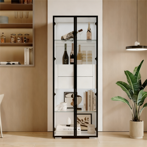 Vitrine 60x40x160 Cm Blanche Et Noire En Mdf Avec Porte Verre Trempé, Étagères Réglables Et LED