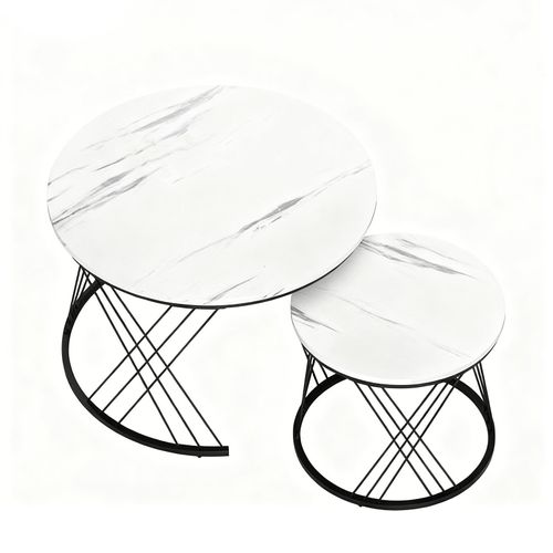 Table Basse Gigogne 70/44,5 Cm Blanche Effet Marbre, Plateaux Ronds, Piètement Métal Géométrique