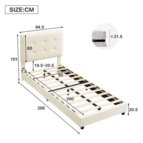Lit Rembourré 90x200 Cm Avec Sommier à Lattes Tête De Lit Biscuit Beige