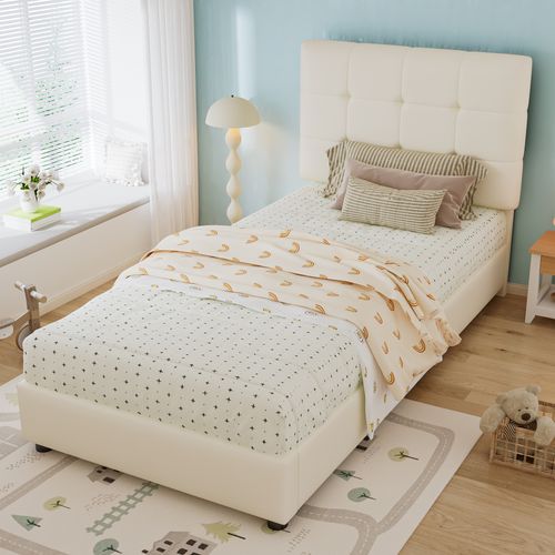 Lit Rembourré 90x200 Cm Avec Sommier à Lattes Tête De Lit Biscuit Beige