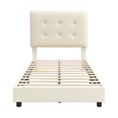 Lit Rembourré 90x200 Cm Avec Sommier à Lattes Tête De Lit Biscuit Beige