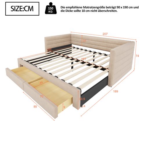 lit gigogne 90x190 Cm Avec Structure Convertible Beige