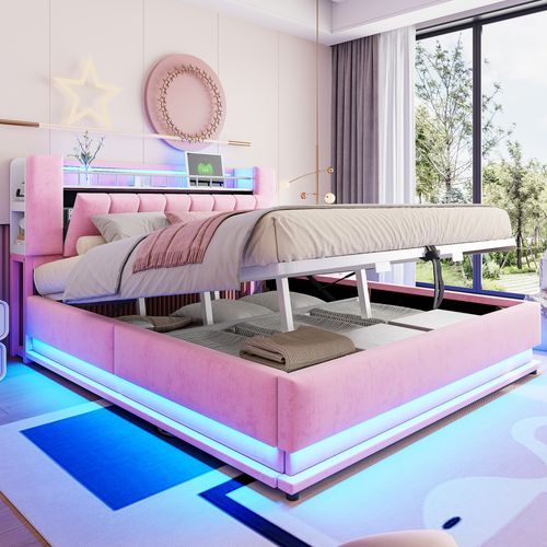 Lit Coffre 180x200 Cm Avec Sommier Relevable Hydraulique Velours Rose