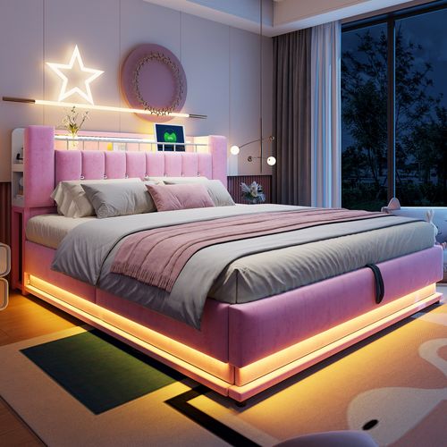 Lit Coffre 180x200 Cm Avec Sommier Relevable Hydraulique Velours Rose