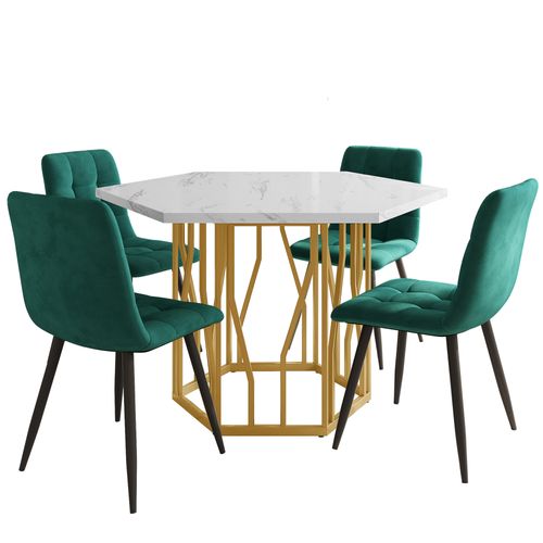 Table Hexagonale 115,5x100 Cm Et 4 Chaises Velours Vert, Plateau Mdf Effet Marbre, Pieds Dorés