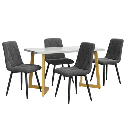 Ensemble Table Repas 117x68 Cm Et 4 Chaises Velours Gris, Mdf Effet Marbre, Pieds Métal Doré