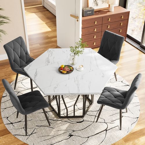 Table Hexagonale 115,5x100 Cm Marbre Blanc, Piètement Acier Noir + 4 Chaises Velours Gris